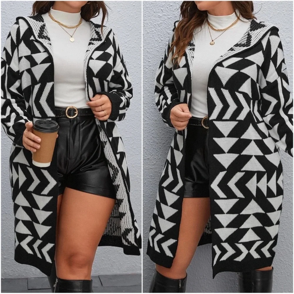 Plus Geo Print Open Front Hoodie Cardigan 1X 2X 3X - Picture 2 of 3